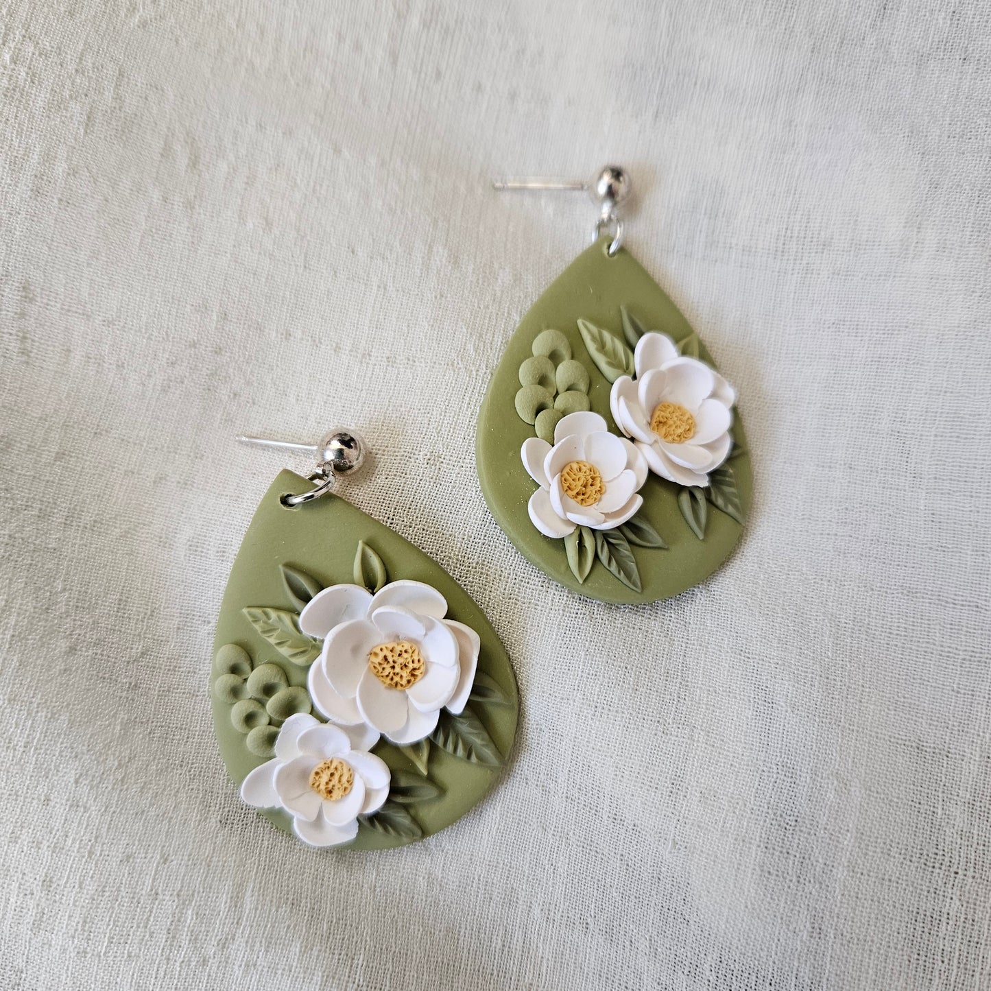 White Flowers on Green Polymer Clay Ball Post Earring