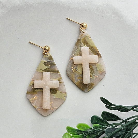 Opaque Gold Greens Christian Cross Ball Post Earrings