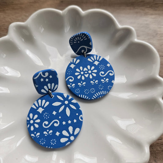 Blue Pattern Stud Polymer Clay Earrings