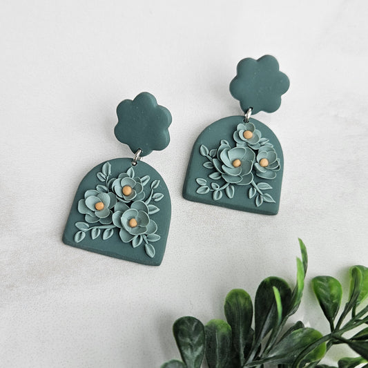 Teal Floral Mustard Seeds Stud Earrings