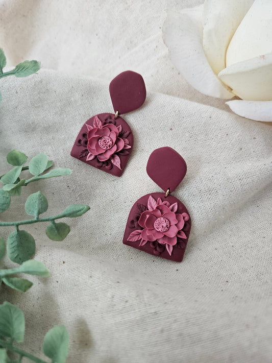 Dark Maroon Floral Polymer Clay Stud Earrings