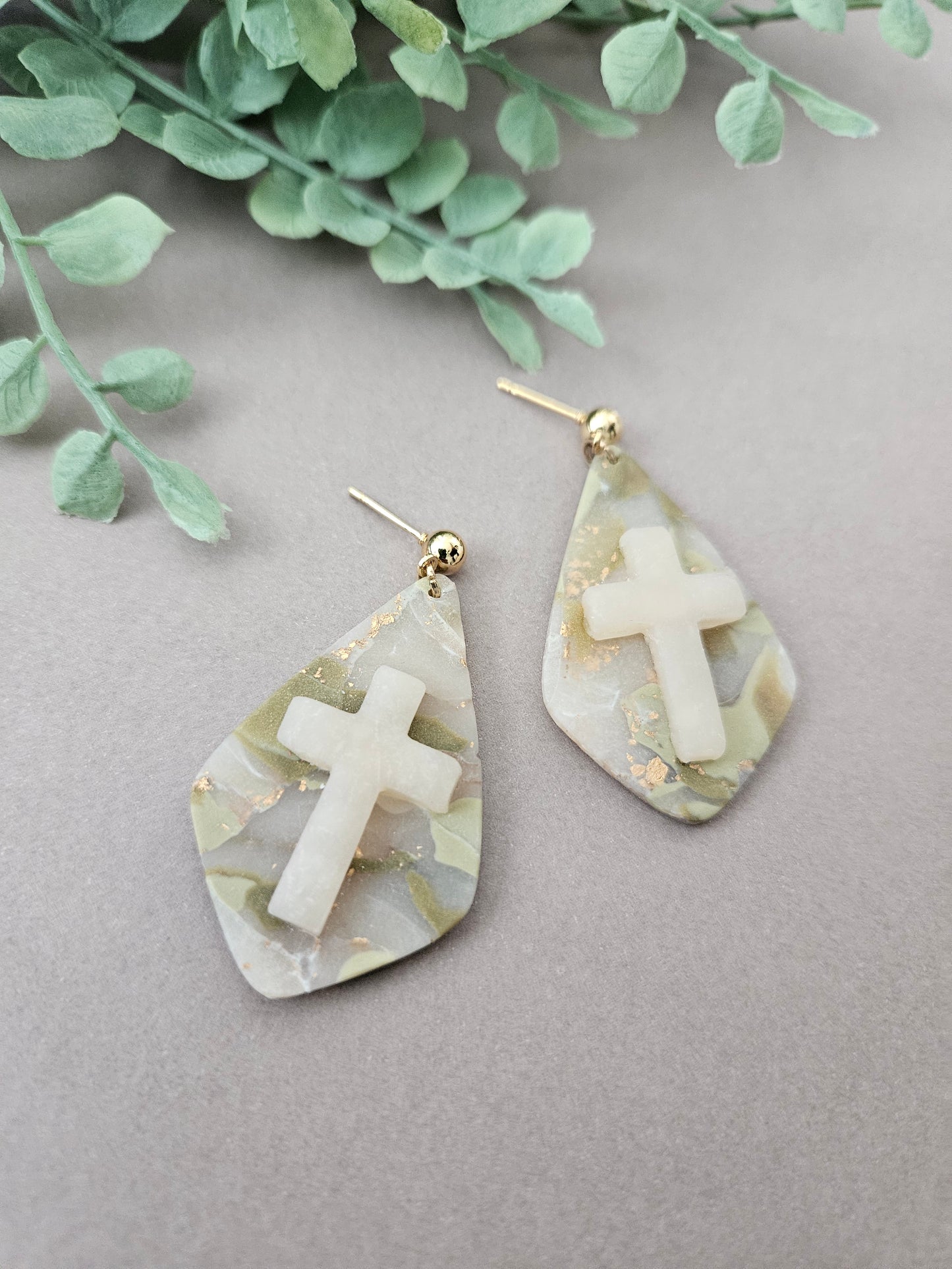 Opaque Gold Greens Christian Cross Ball Post Earrings