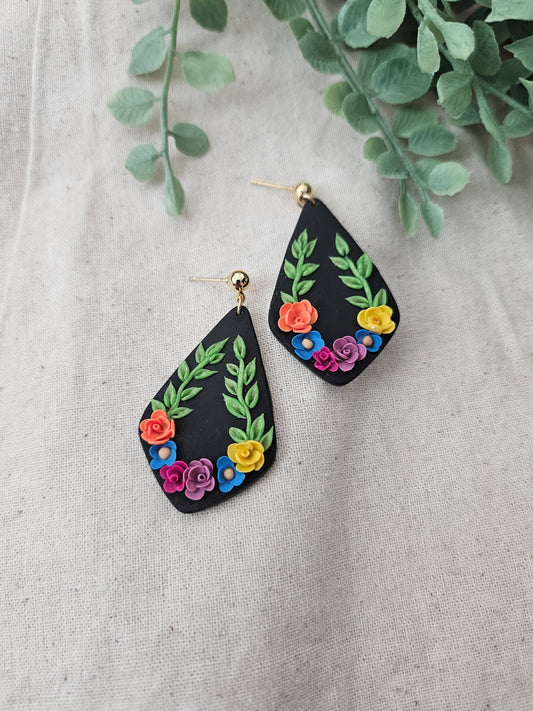 Fiesta Floral Black Post Ball Post Earrings