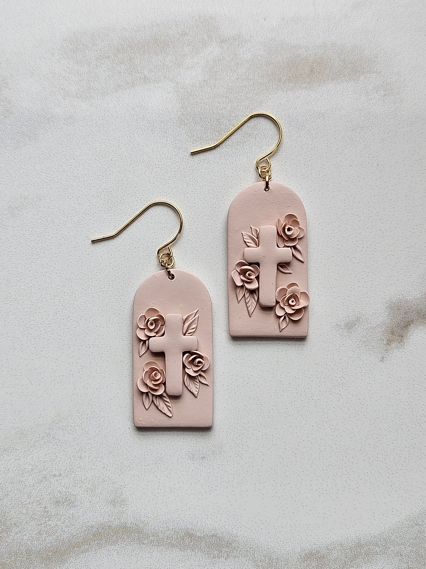 Salty Pink Pastel Cross Handmade Polymer Clay Hook Earrings Gold Plated Christian