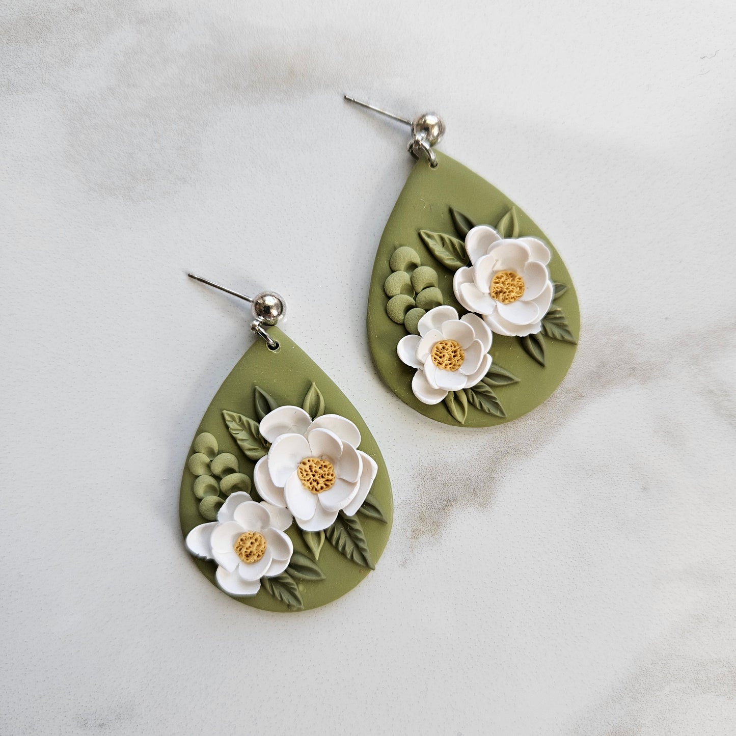 White Flowers on Green Polymer Clay Ball Post Earring