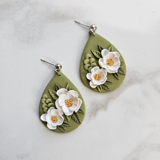 White Flowers on Green Polymer Clay Ball Post Earring