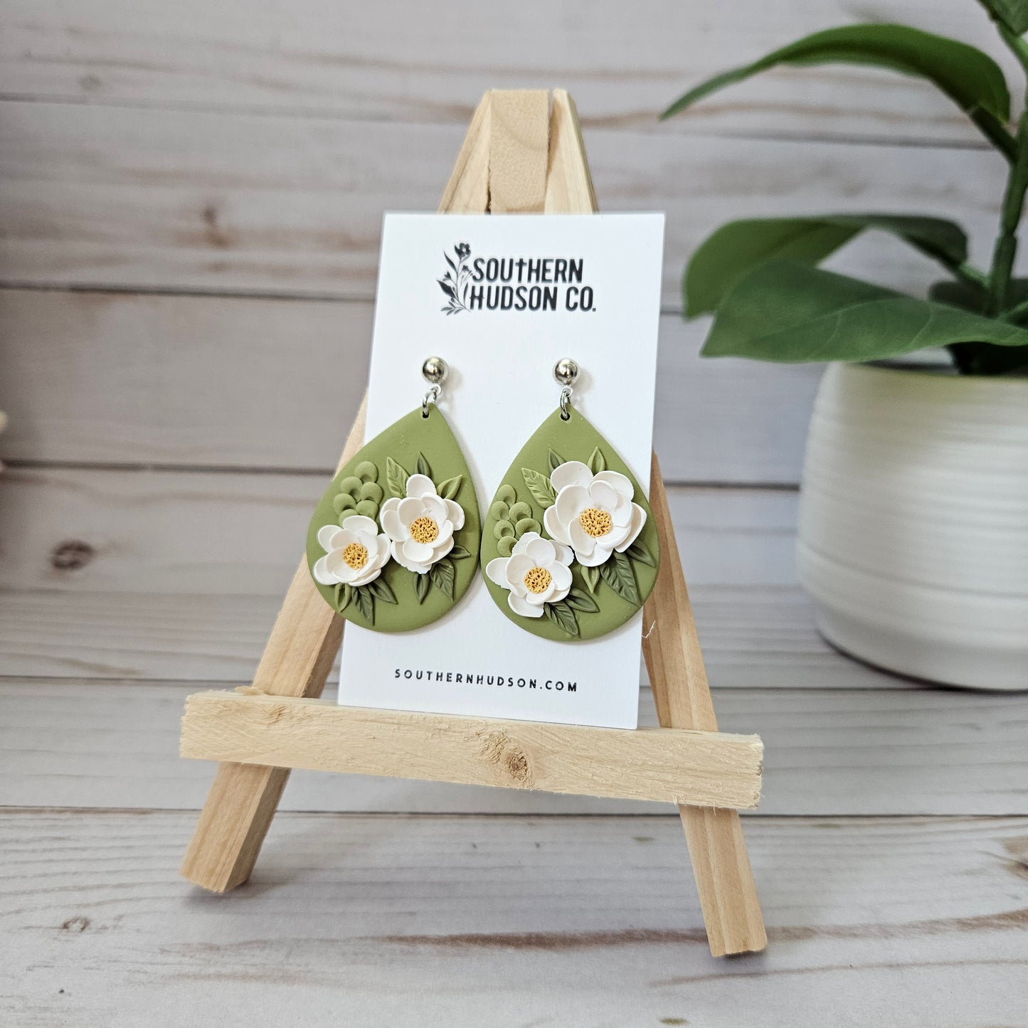 White Flowers on Green Polymer Clay Ball Post Earring
