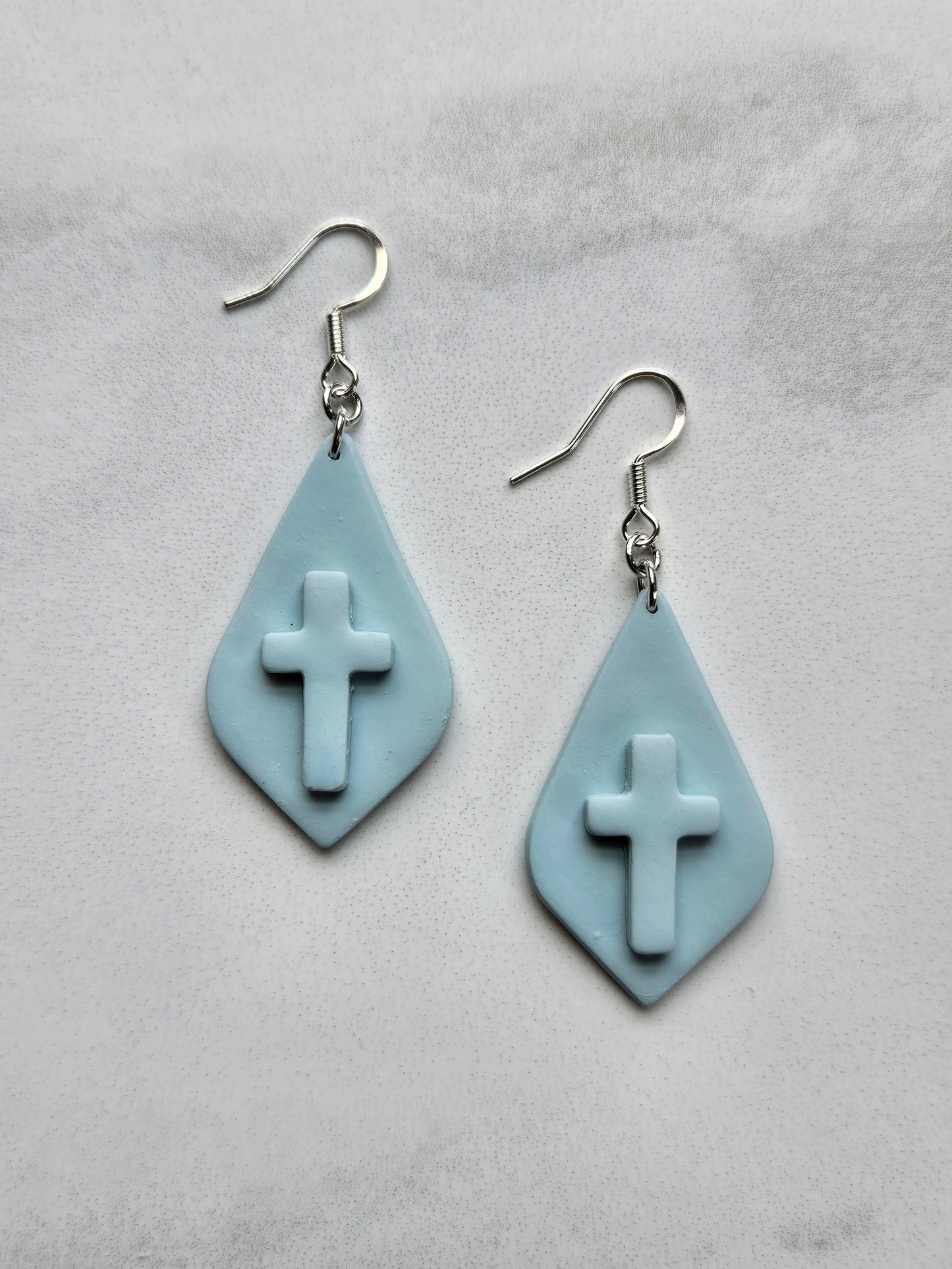 Blue Lone Cross Handmade Polymer Clay Hook Earrings